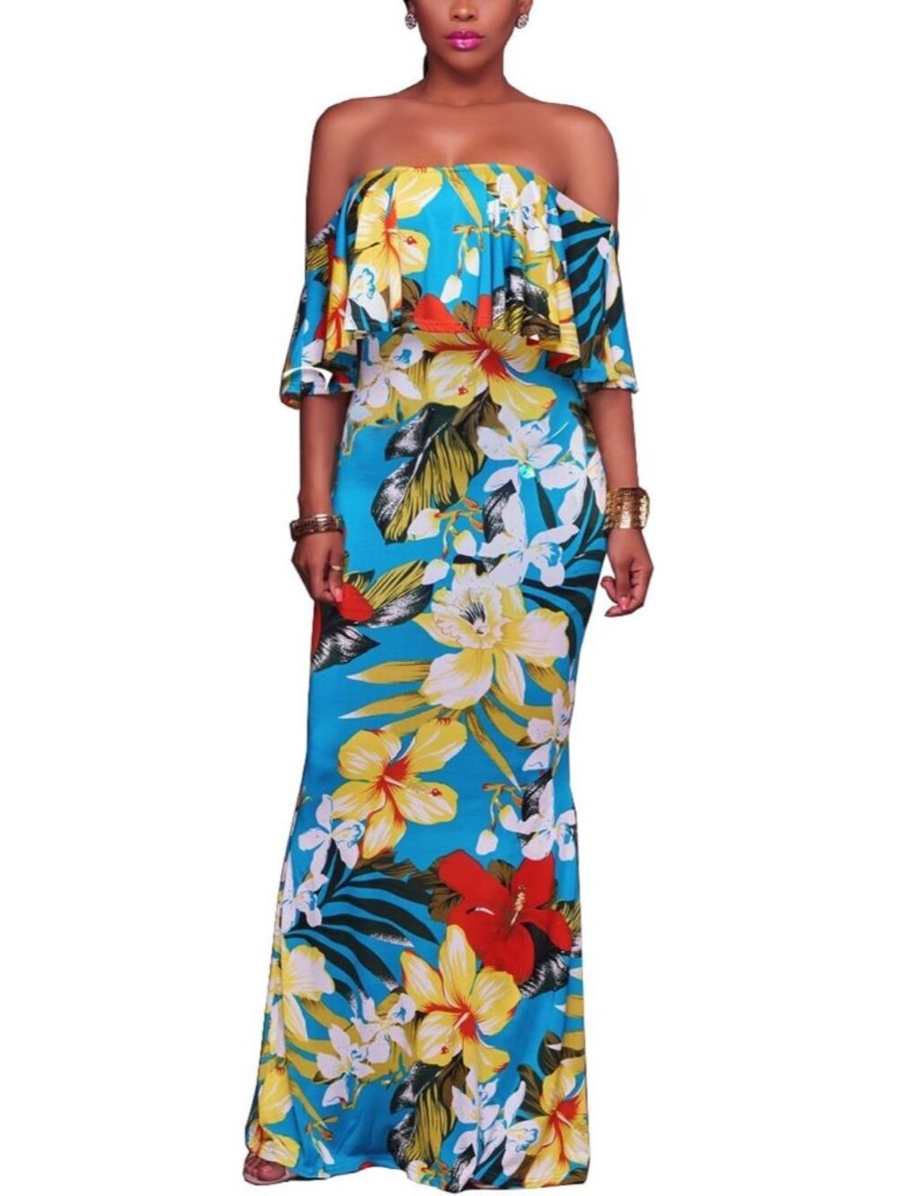 Women's Blue Ruffle Plain Floral Printed Off Shoulder Bodycon Long Maxi Dresses